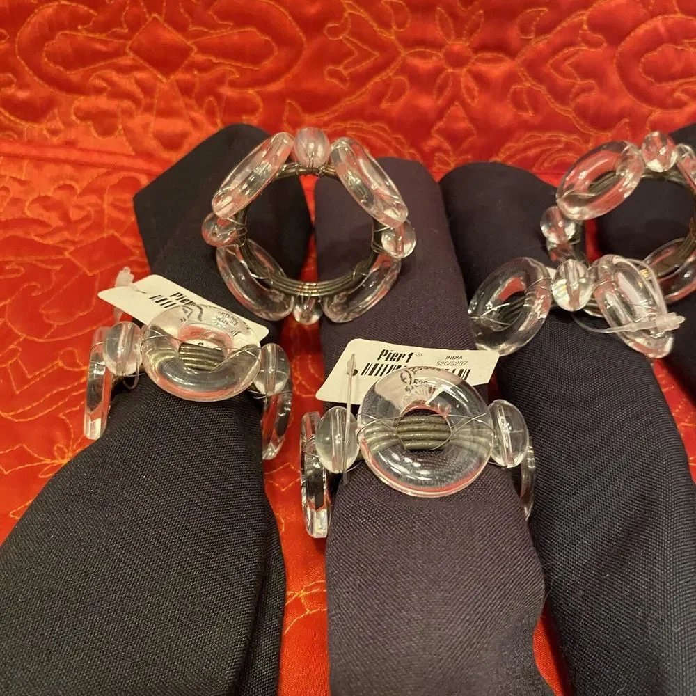 VINTAGE PIER 1 Napkin Rings Clear Acrylic Circles And Bronze Metal Wire Set Of 6